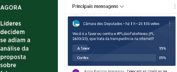 Votação da PL 2630 na transmissão ao vivo do cangresso, que discutia sobre o PL das fakesnew